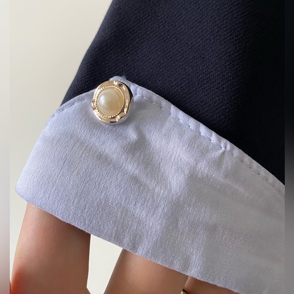 Navy stretch dress with peter pan white collar and pearl details - Picture 3 of 7